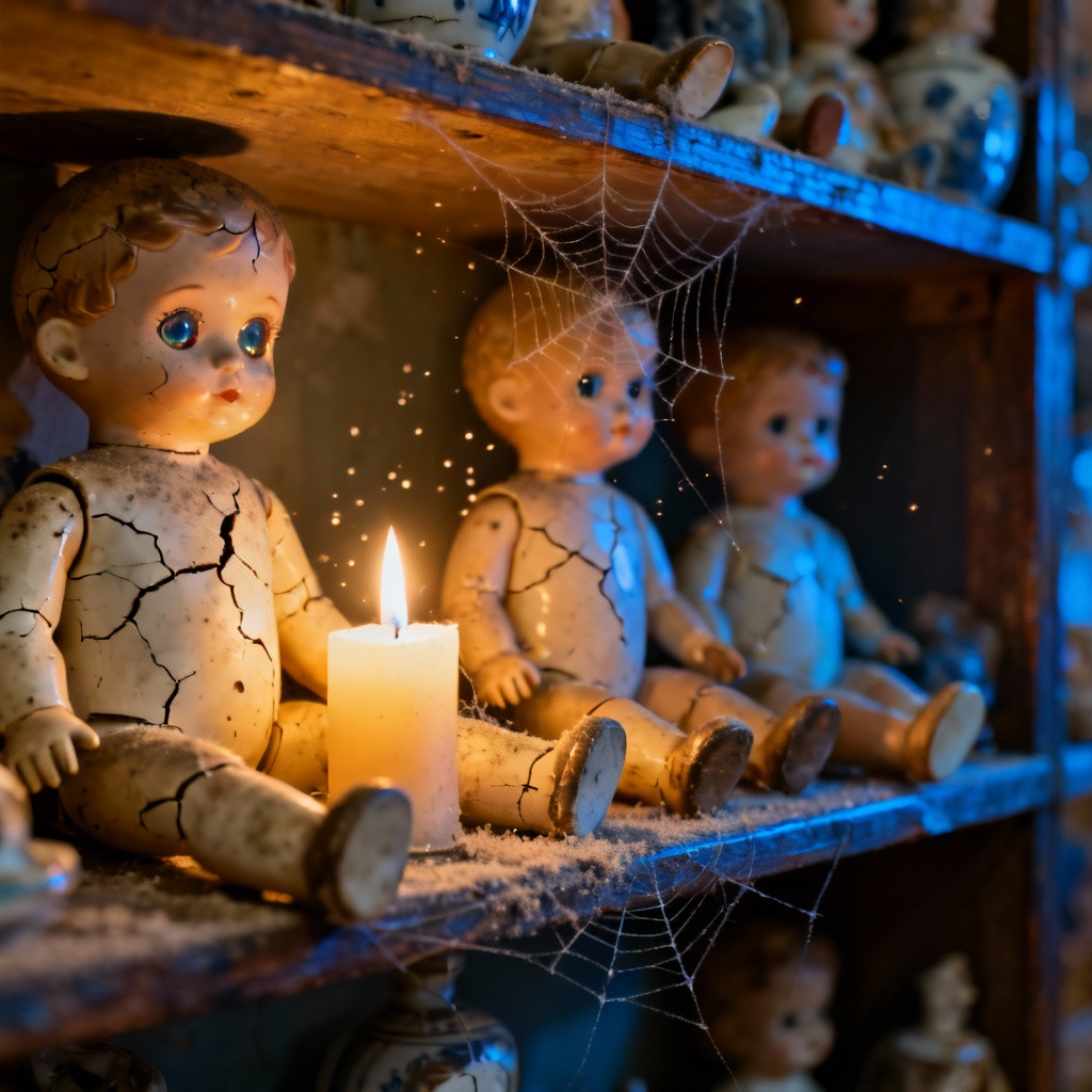 AI cursed porcelain dolls in dim candlelit shop
