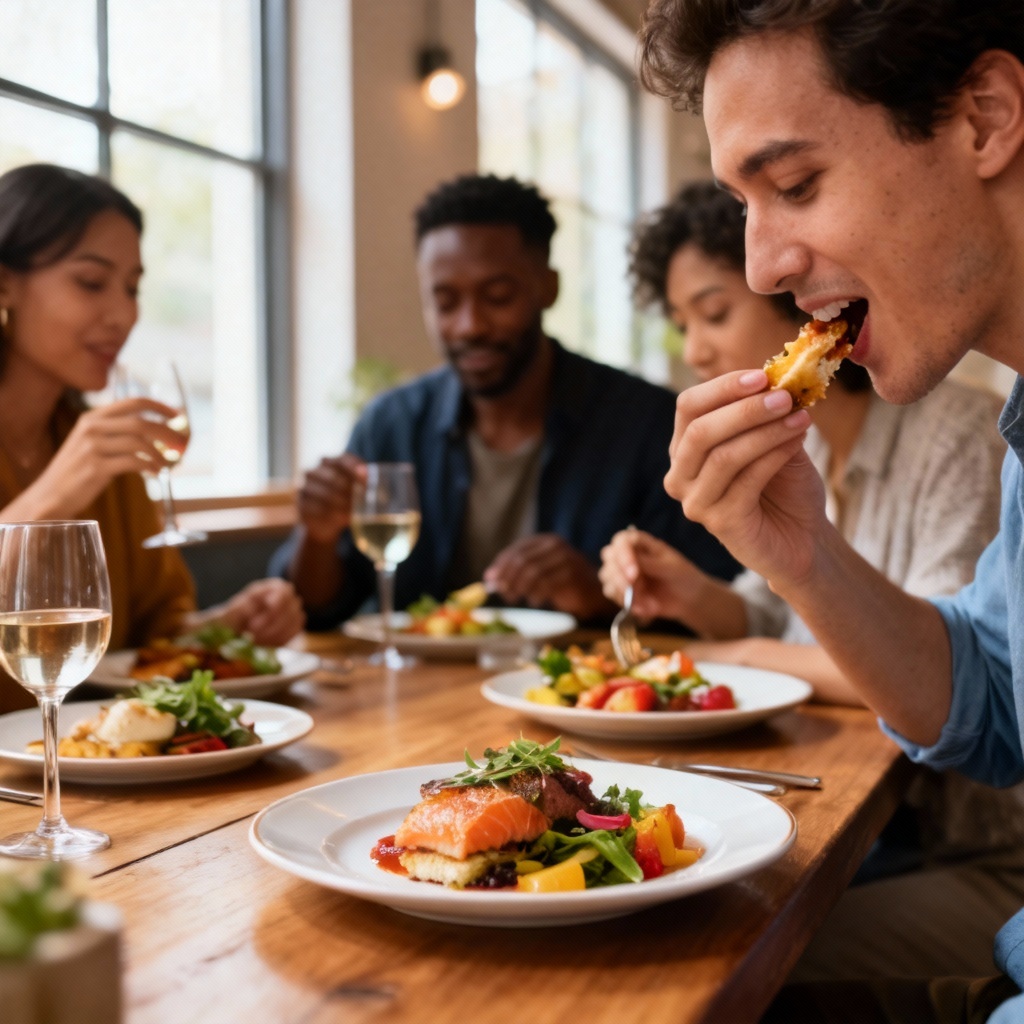 AI lifestyle photo of people eating at a modern dining table