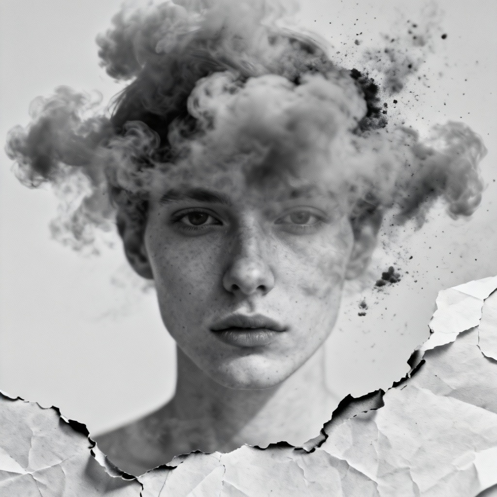 Double exposure ash person with drifting ash clouds