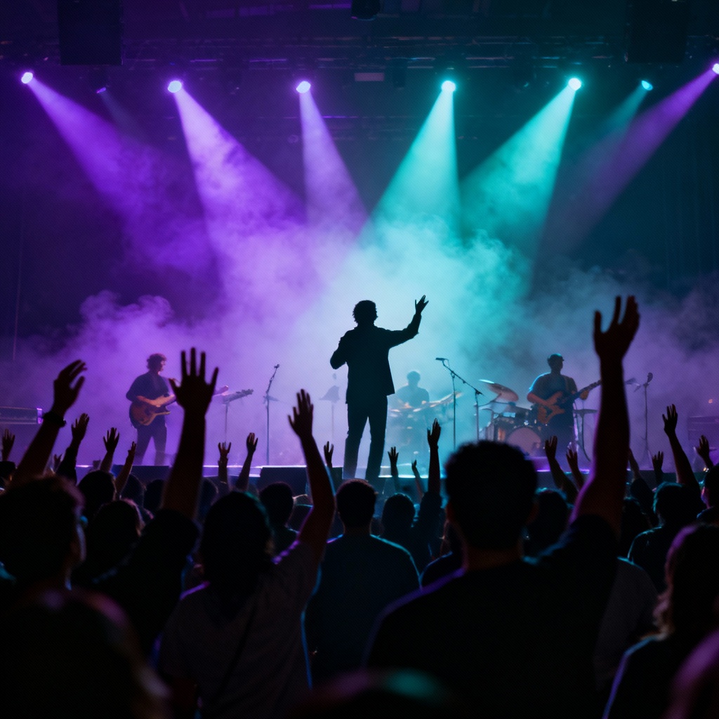 AI gospel worship concert stage with lights