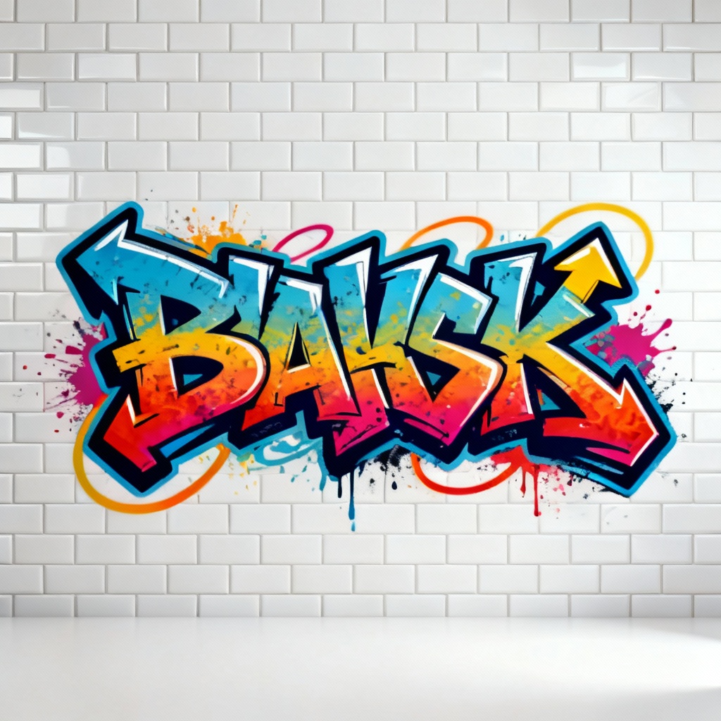 AI graffiti text logo on white tiled wall