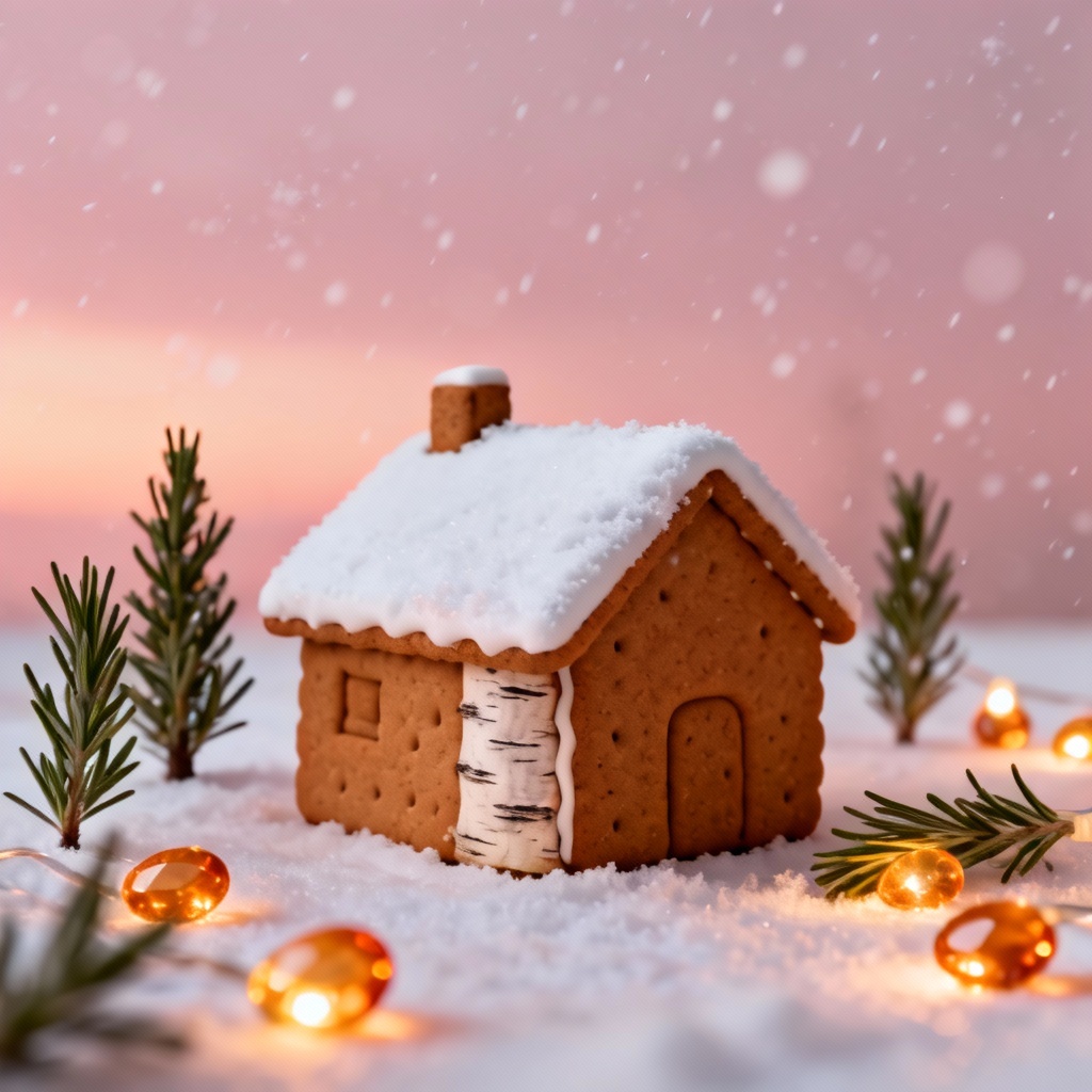 Nordic cabin style AI gingerbread chalet with frosted roof