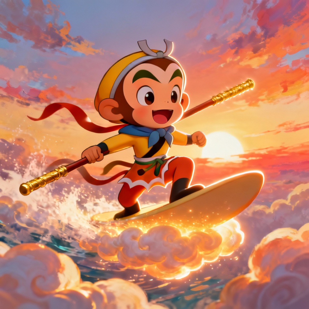 AI chibi Little Wukong riding a cloud at sunrise