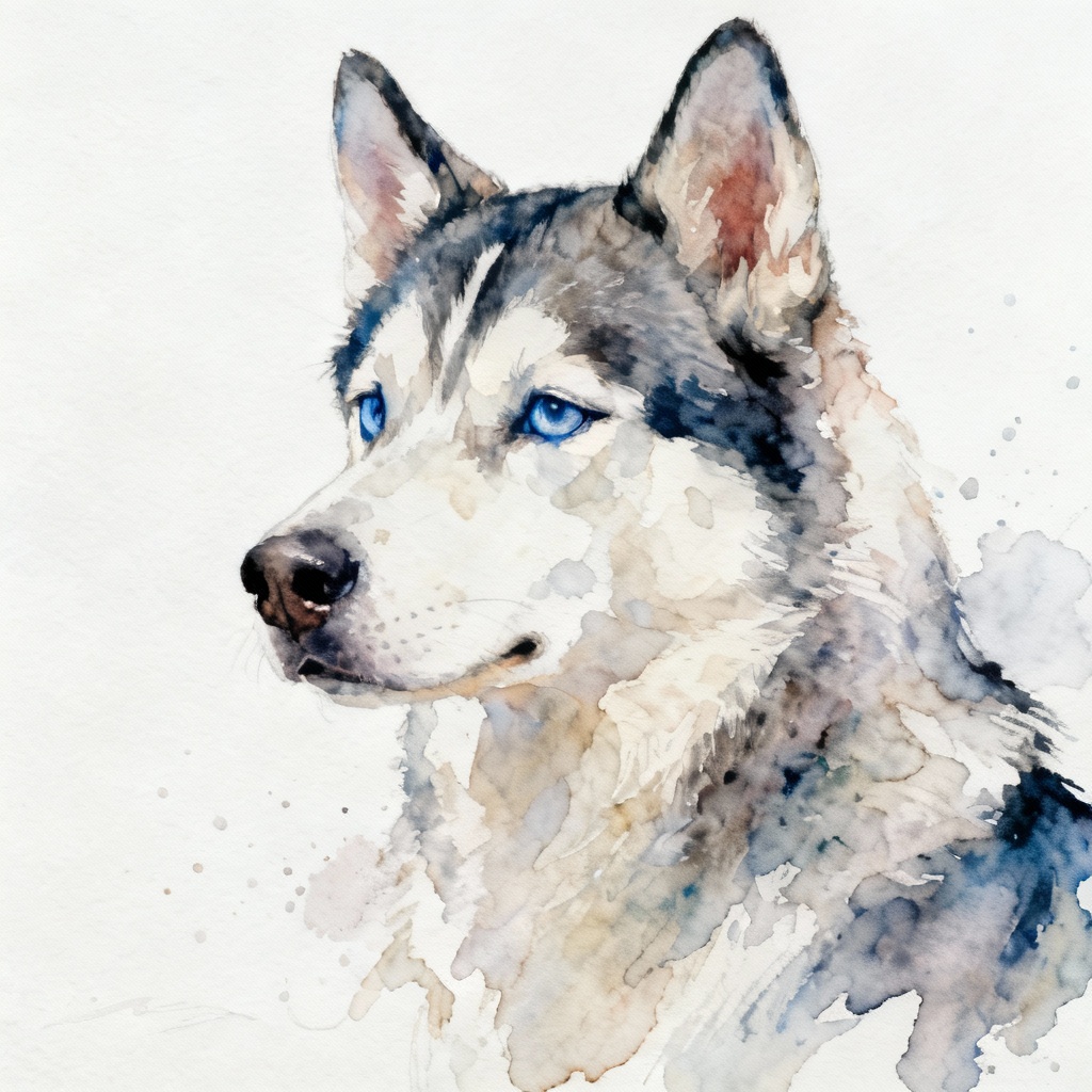 Watercolor husky portrait with blue eyes
