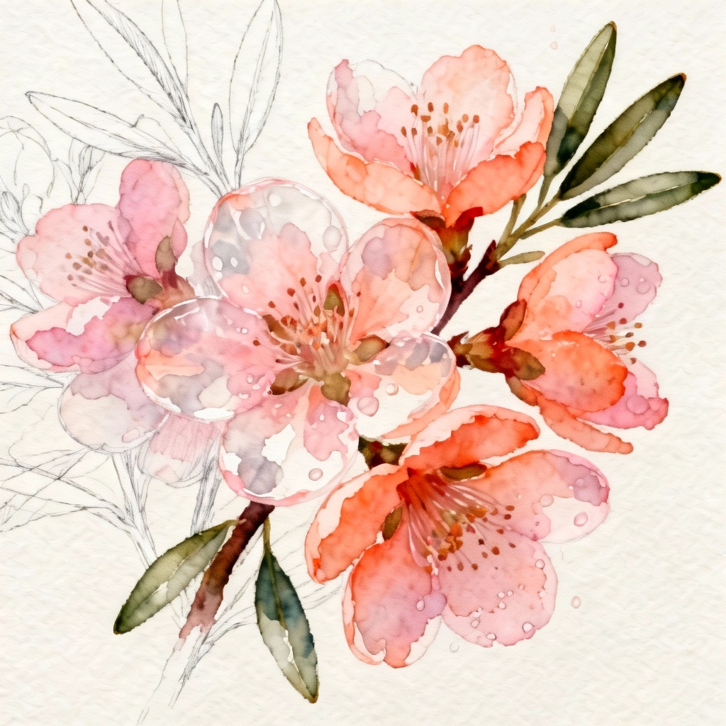 Watercolor peach blossoms close-up with soft gradients