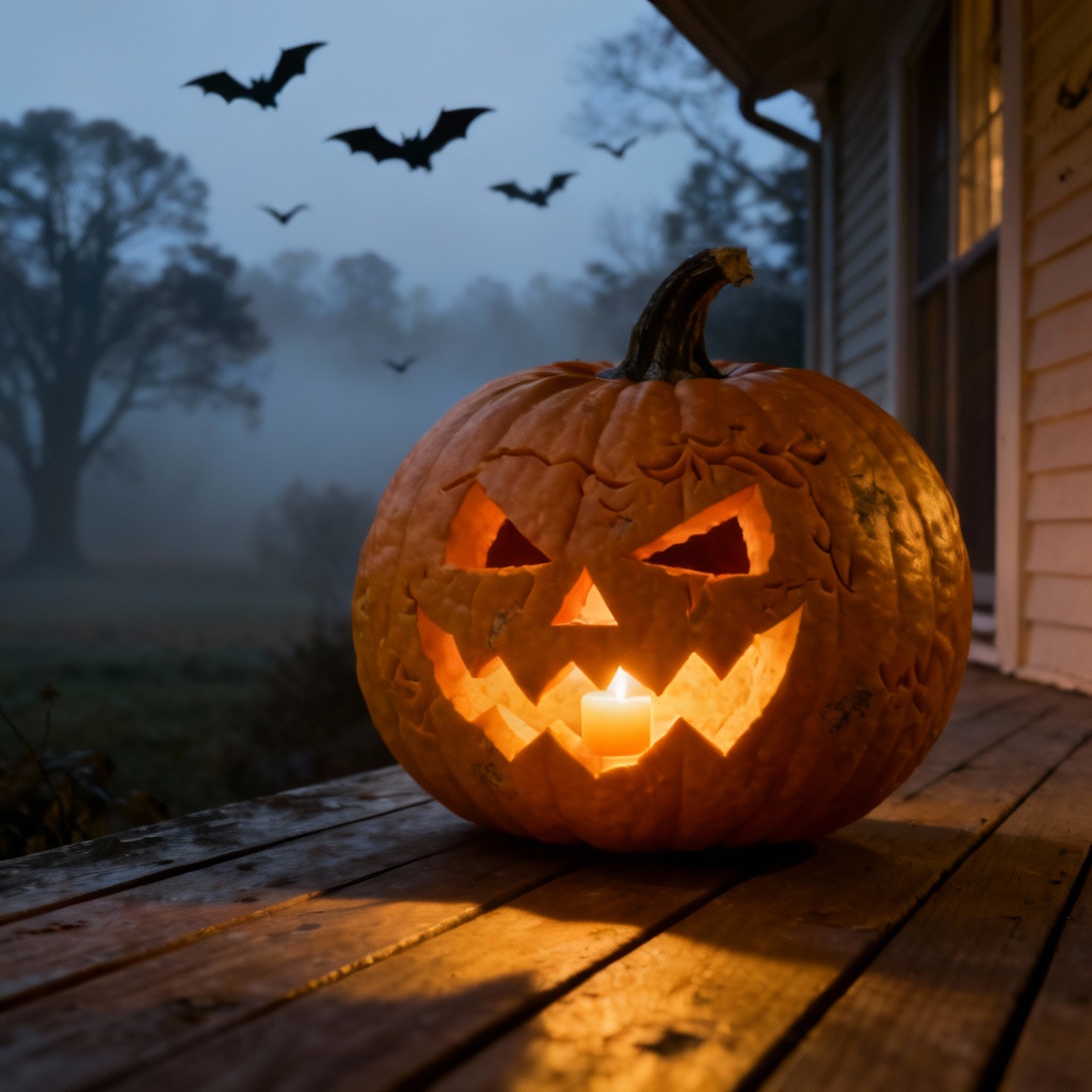 AI Glowing Jack O Lantern on a foggy porch at dusk