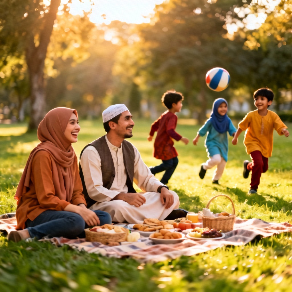 AI Muslim family picnic at park in modest clothing
