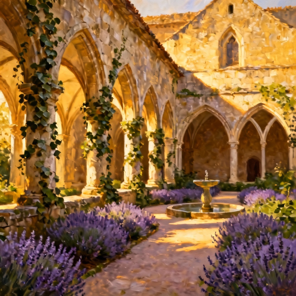 AI cloister garden with pointed arches and a central fountain