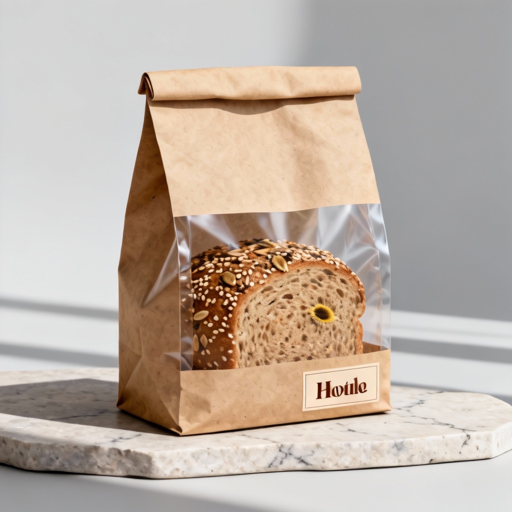 AI bread packaging mockup with seeded loaf