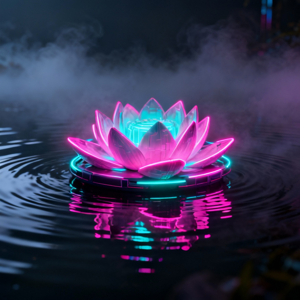 Neon cyberpunk lotus glowing over dark water
