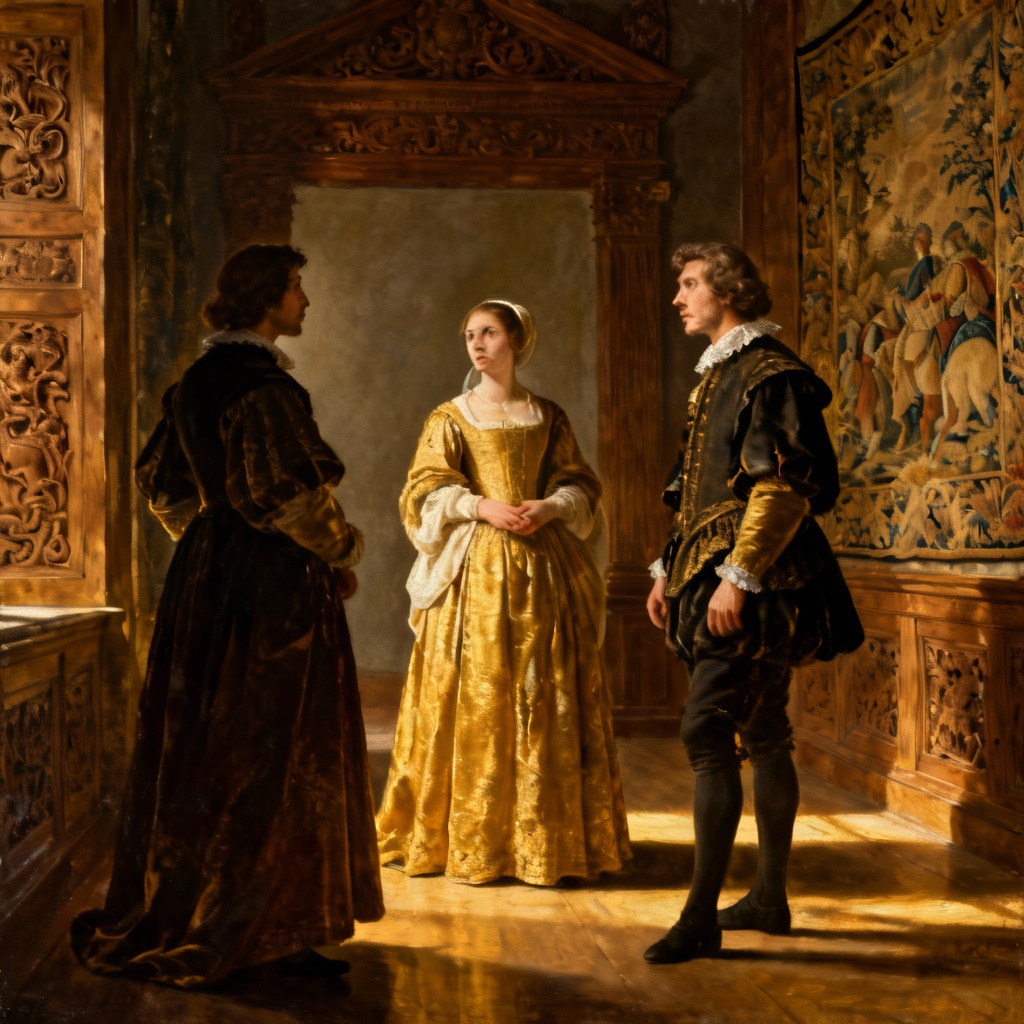 AI Renaissance painting love triangle portrait