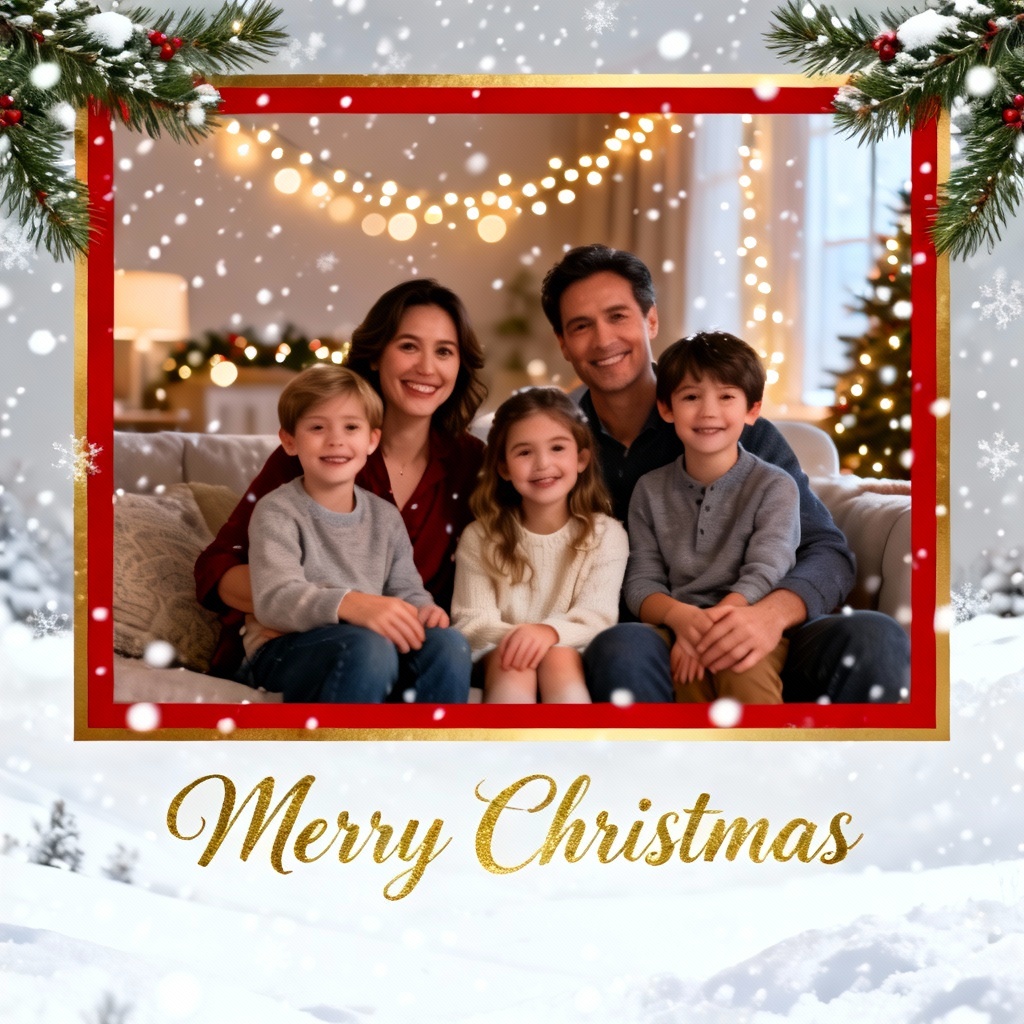 AI Christmas card made from a family photo with lights and snow