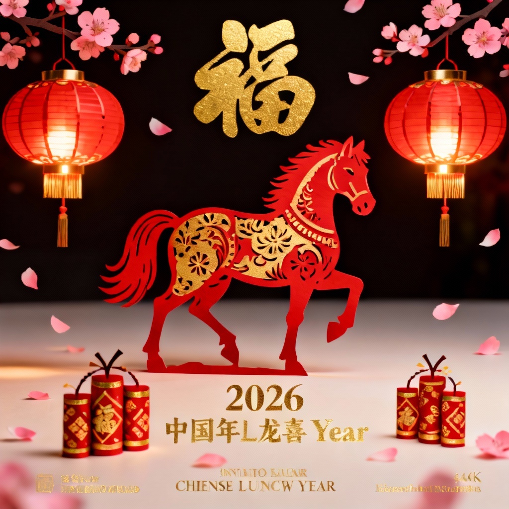 AI Chinese 2026 Lunar New Year celebration poster with horse, lanterns, and gold calligraphy