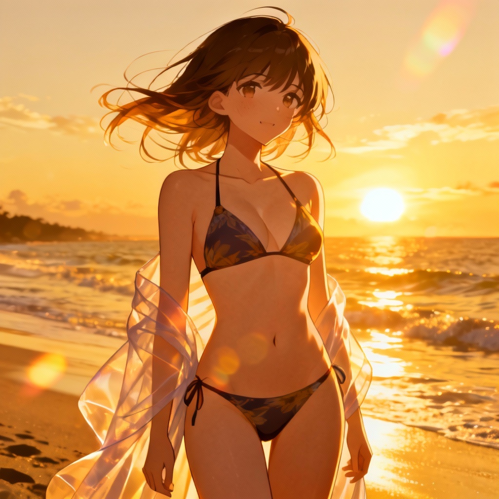 AI sexy anime beach pinup at sunset