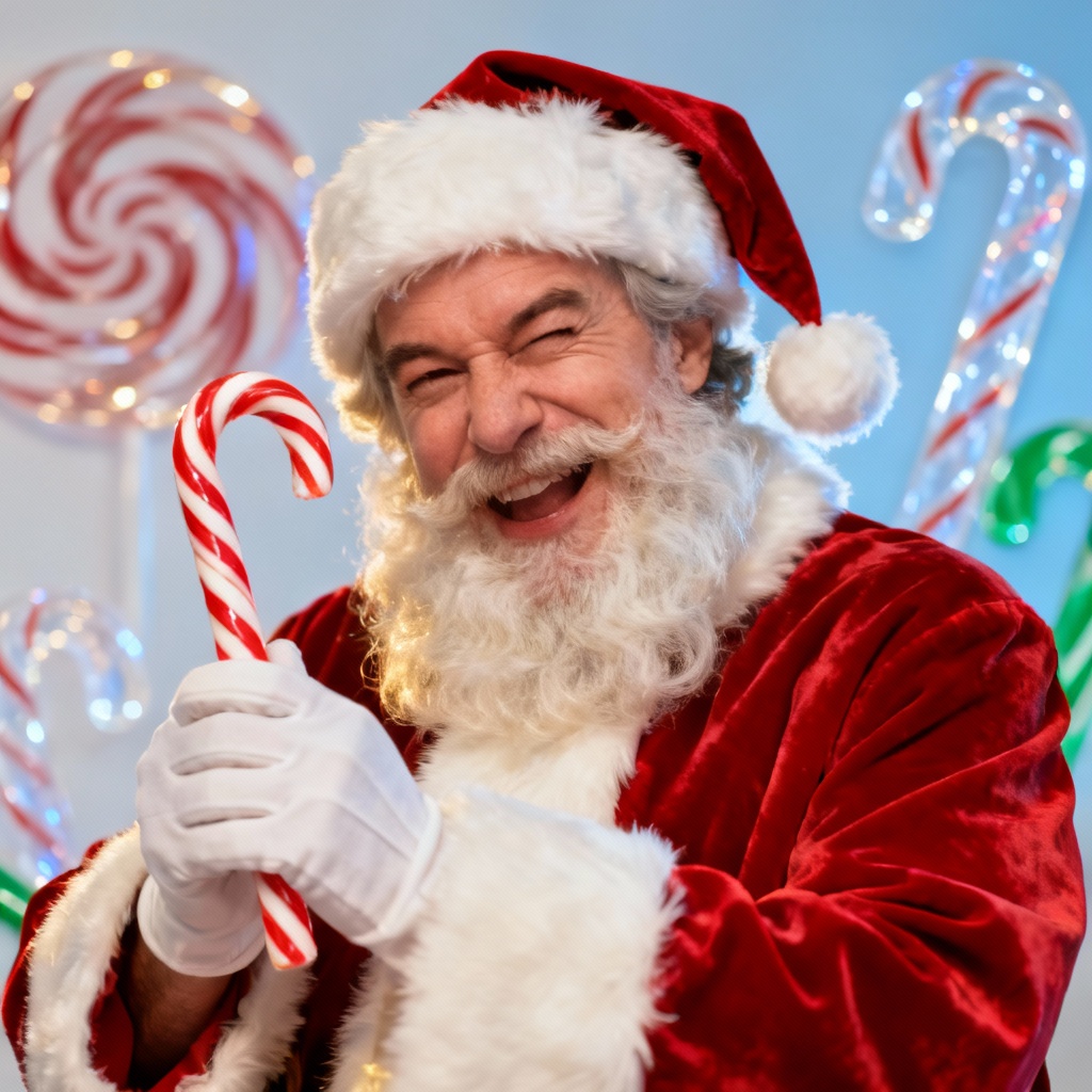 AI Santa studio portrait with candy cane