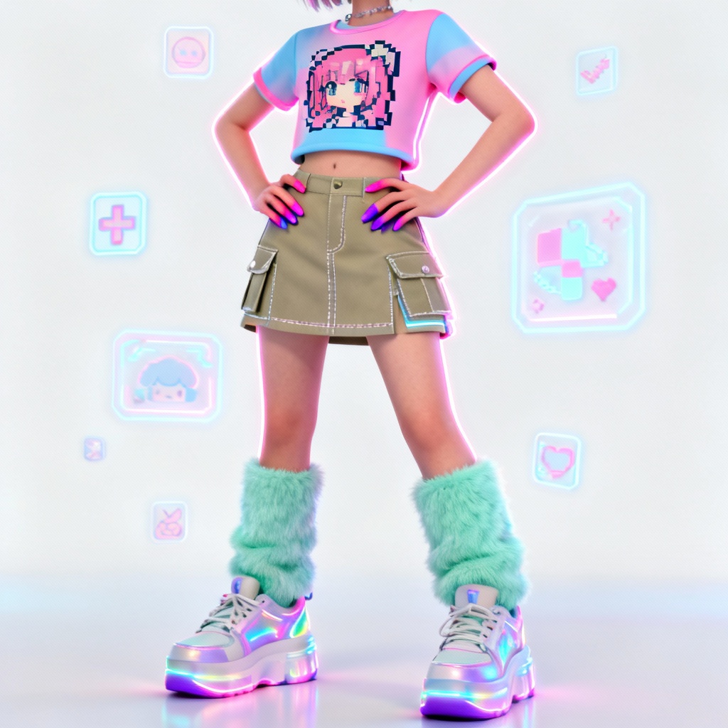AI Y2K outfit try on with pastel baby tee and cargo skirt