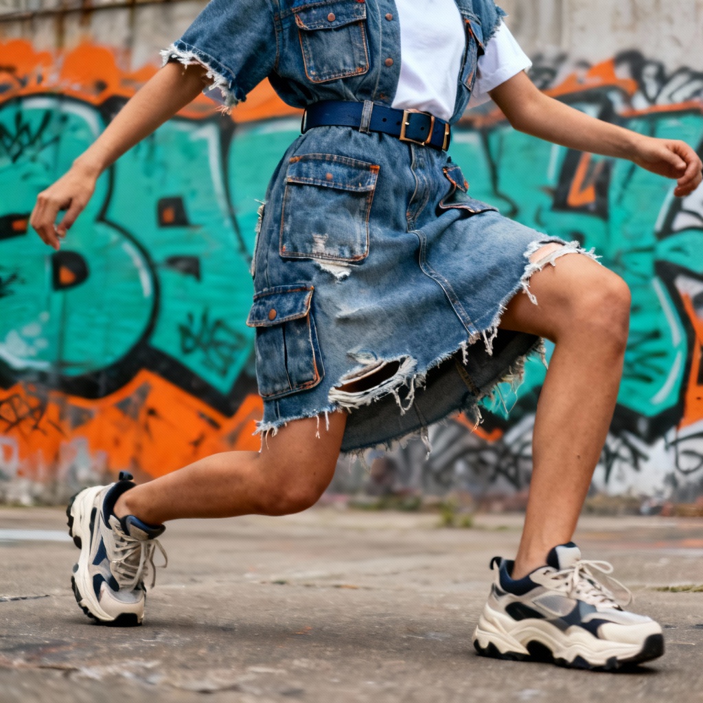AI streetwear denim dress in urban setting