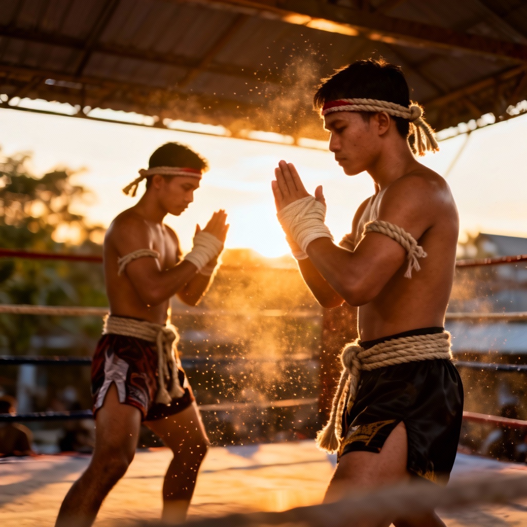 AI image of wai kru ritual in Thai boxing at sunset