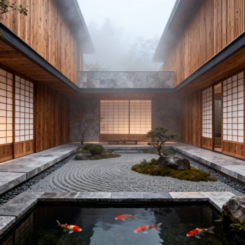 AI Japanese minimalist courtyard mansion in cedar and stone