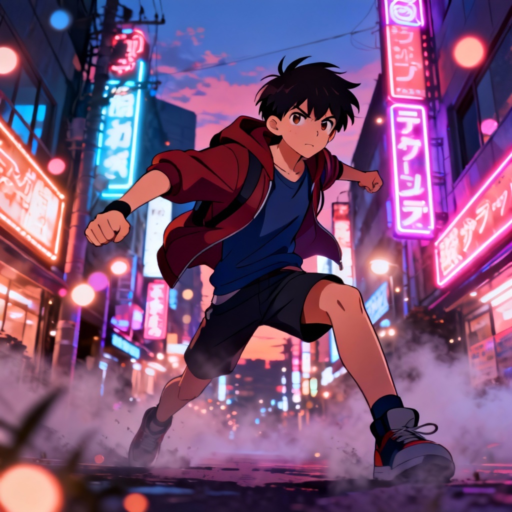 AI Japanese animation hero in Tokyo at dusk