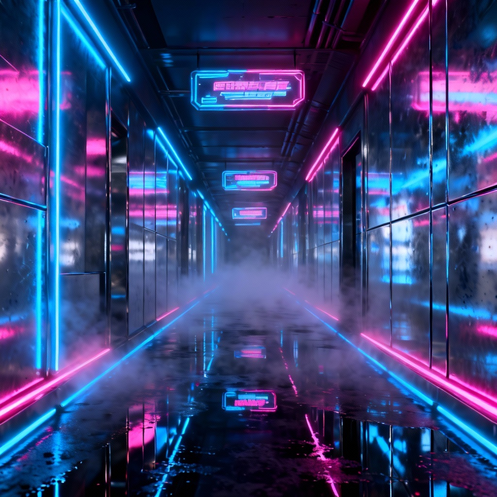 AI neon cyberpunk corridor with holographic lights