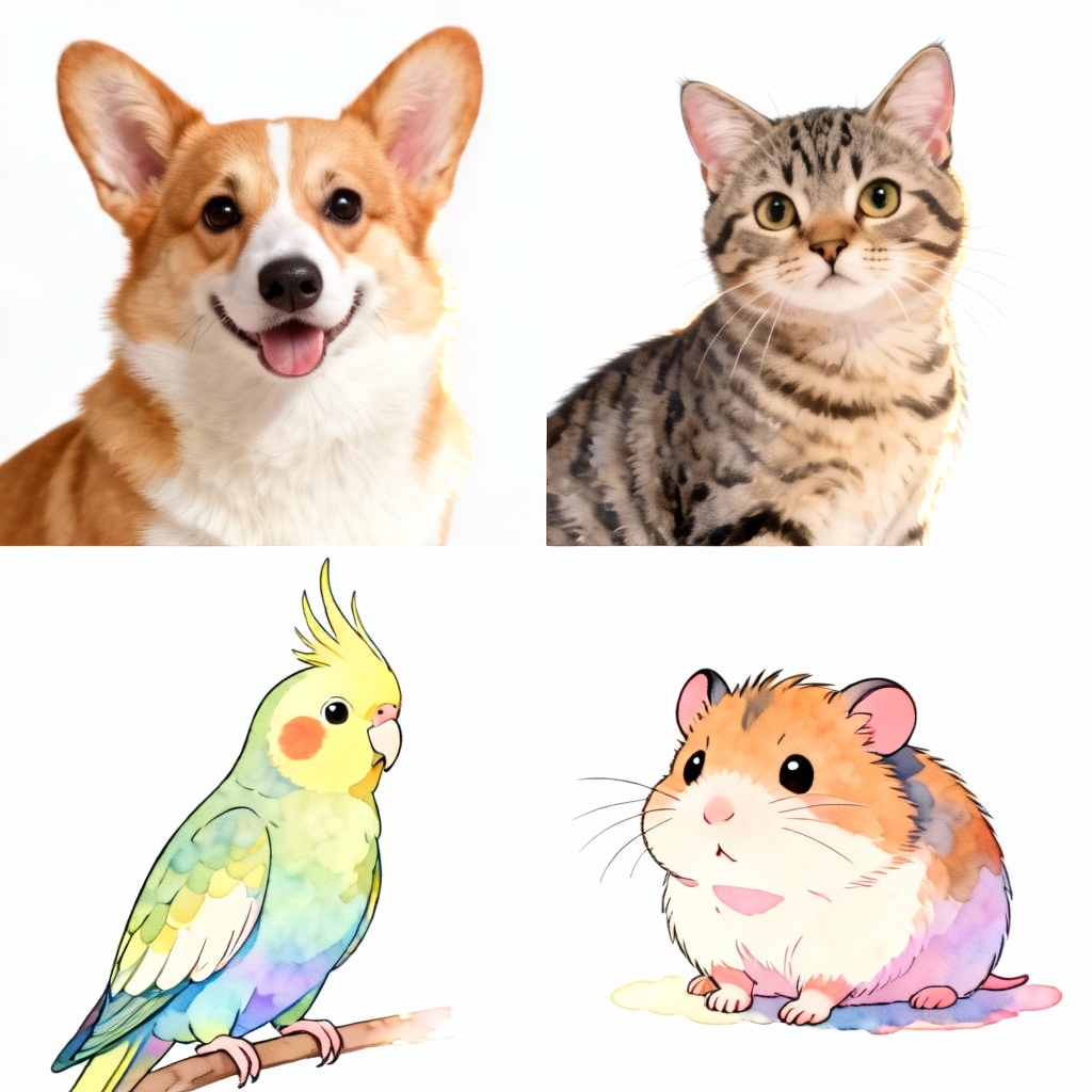 AI lovely pet generator collage of cute dogs, cats, and small pets in multiple art styles