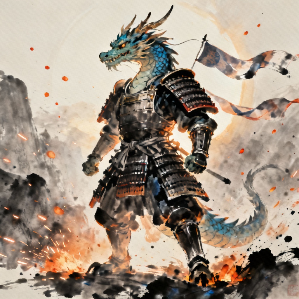 AI furry art of a dragon samurai with dramatic lighting