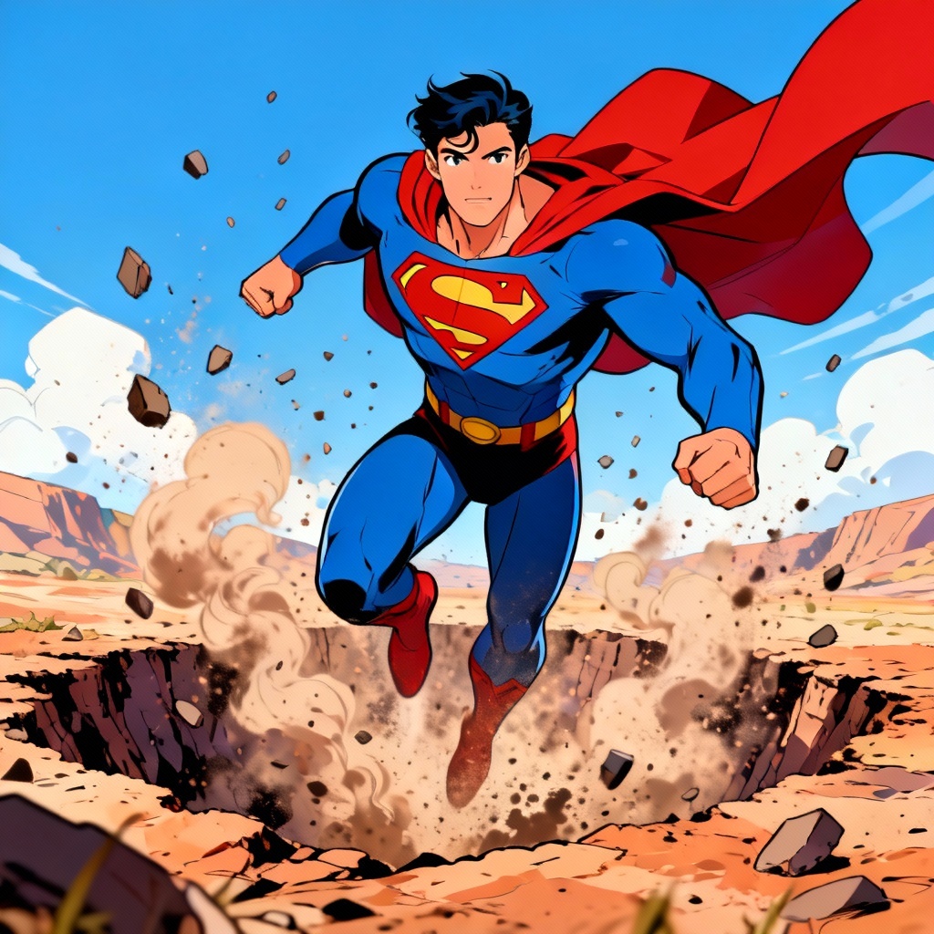 AI anime landing pose of a Superman-style hero