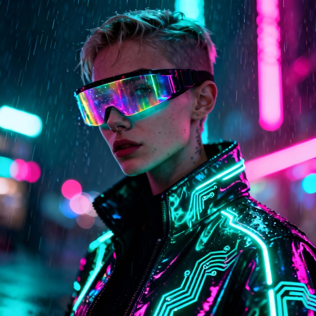 AI cyberpunk outfit transformation portrait in neon techwear
