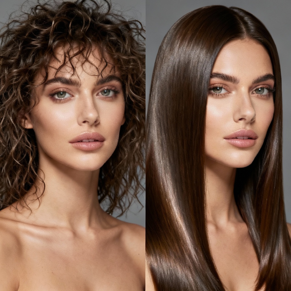 AI before and after hair treatment comparison for frizz control
