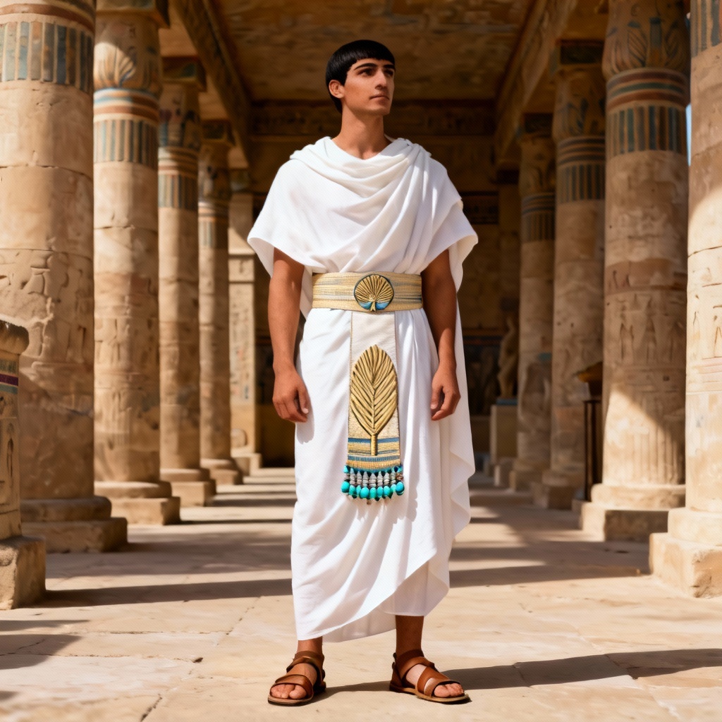 AI priestly linen robe with papyrus motif belt