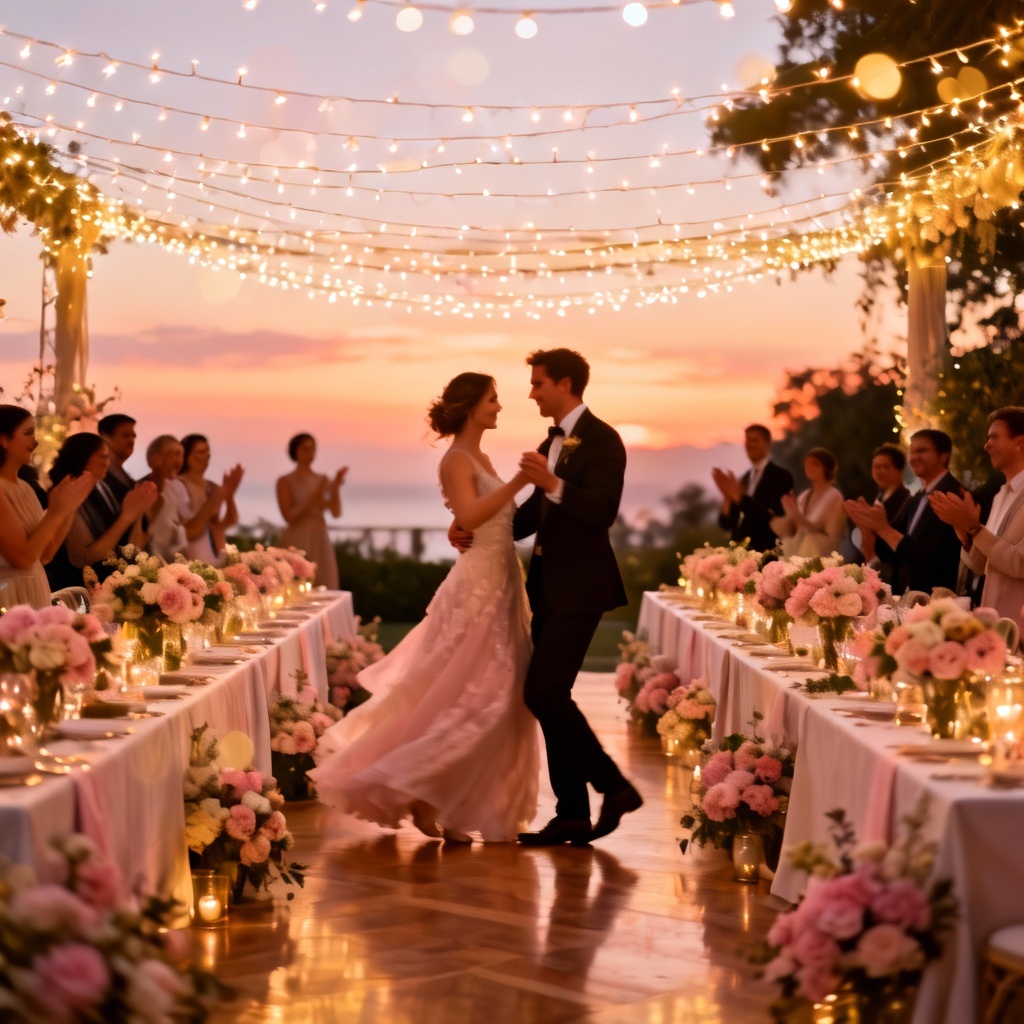 AI wedding reception with fairy lights and banquet tables
