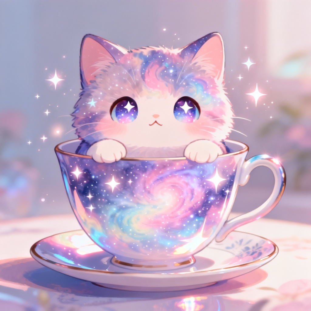 AI kawaii galaxy cat in a teacup