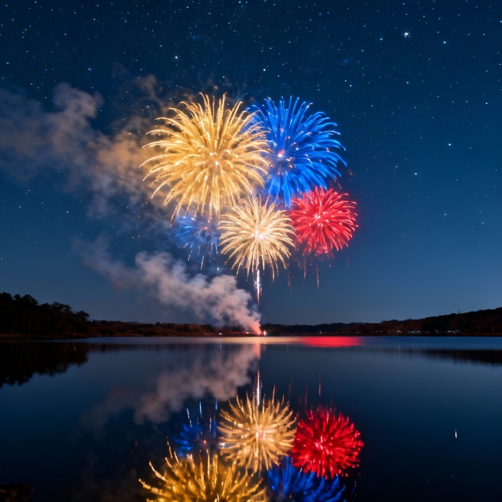 Panoramic fireworks reflecting on a tranquil lake