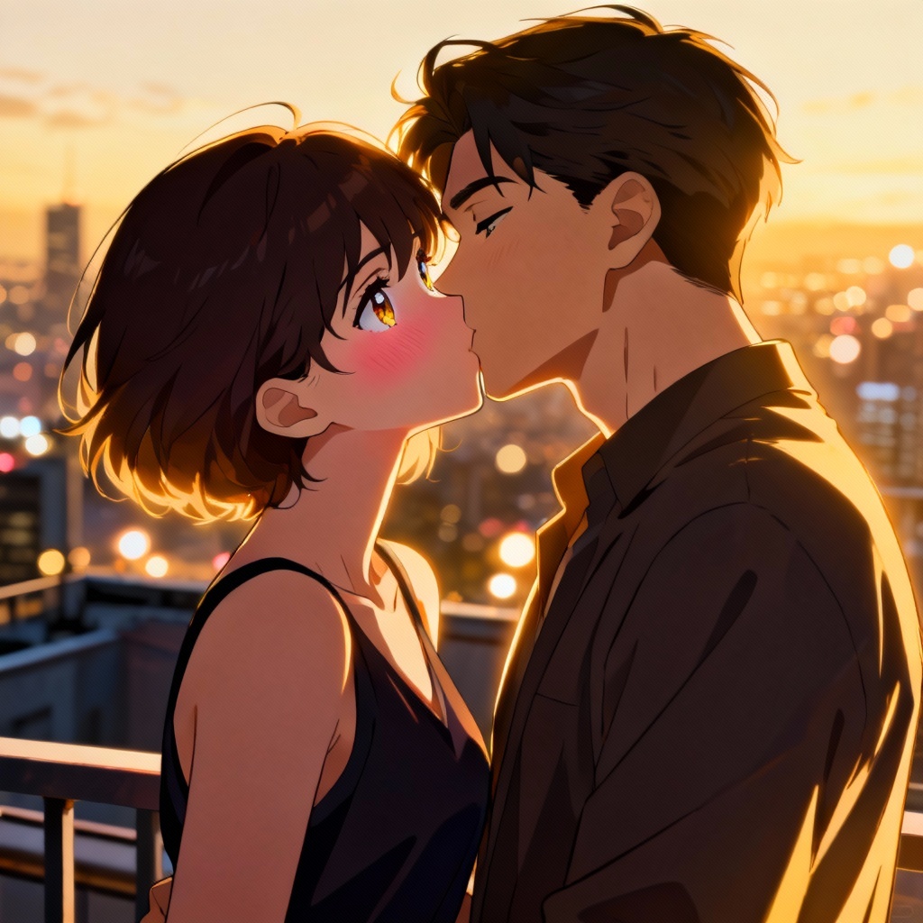 AI anime kissing couple at sunset on a city rooftop