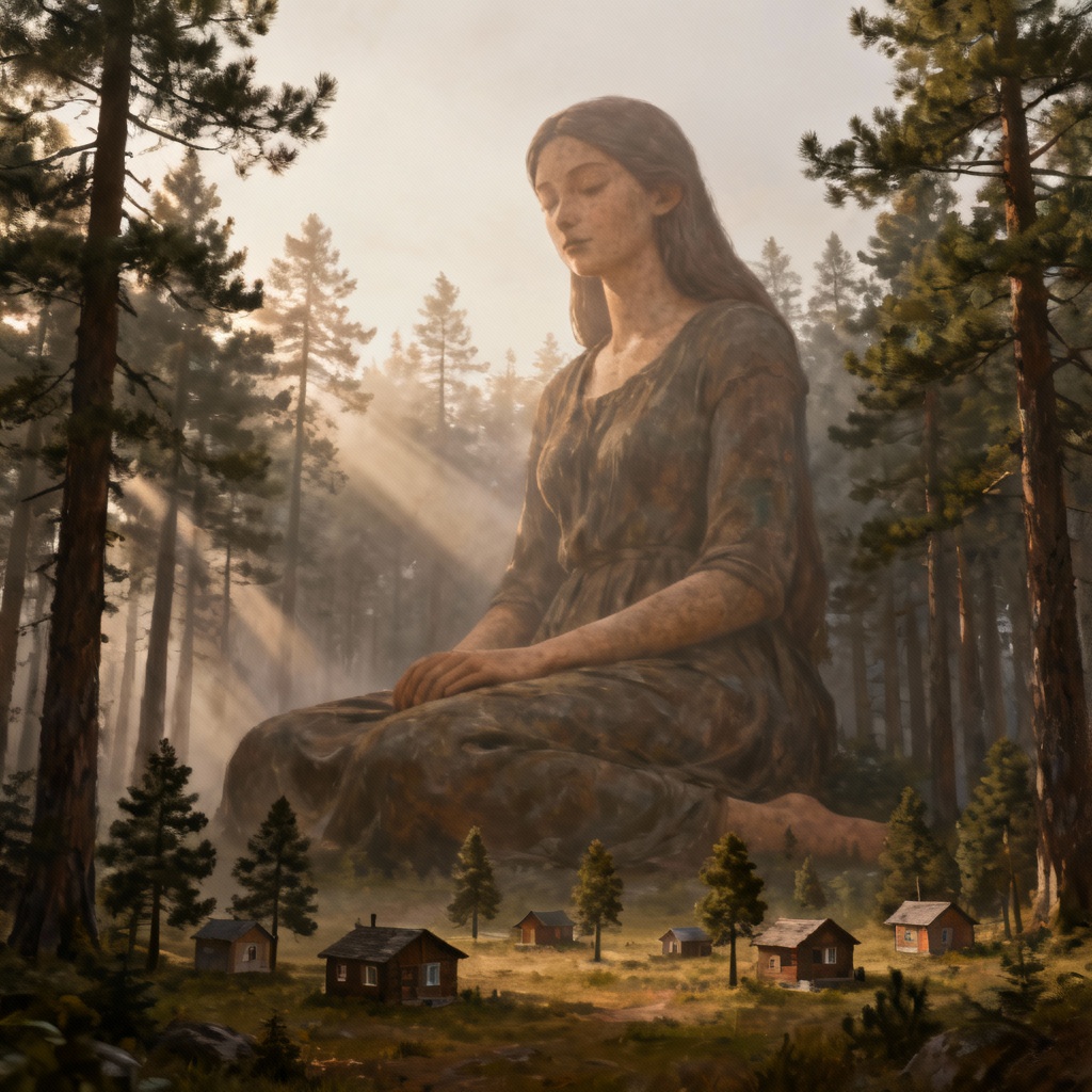 AI giantess in forest clearing with scale shift elements