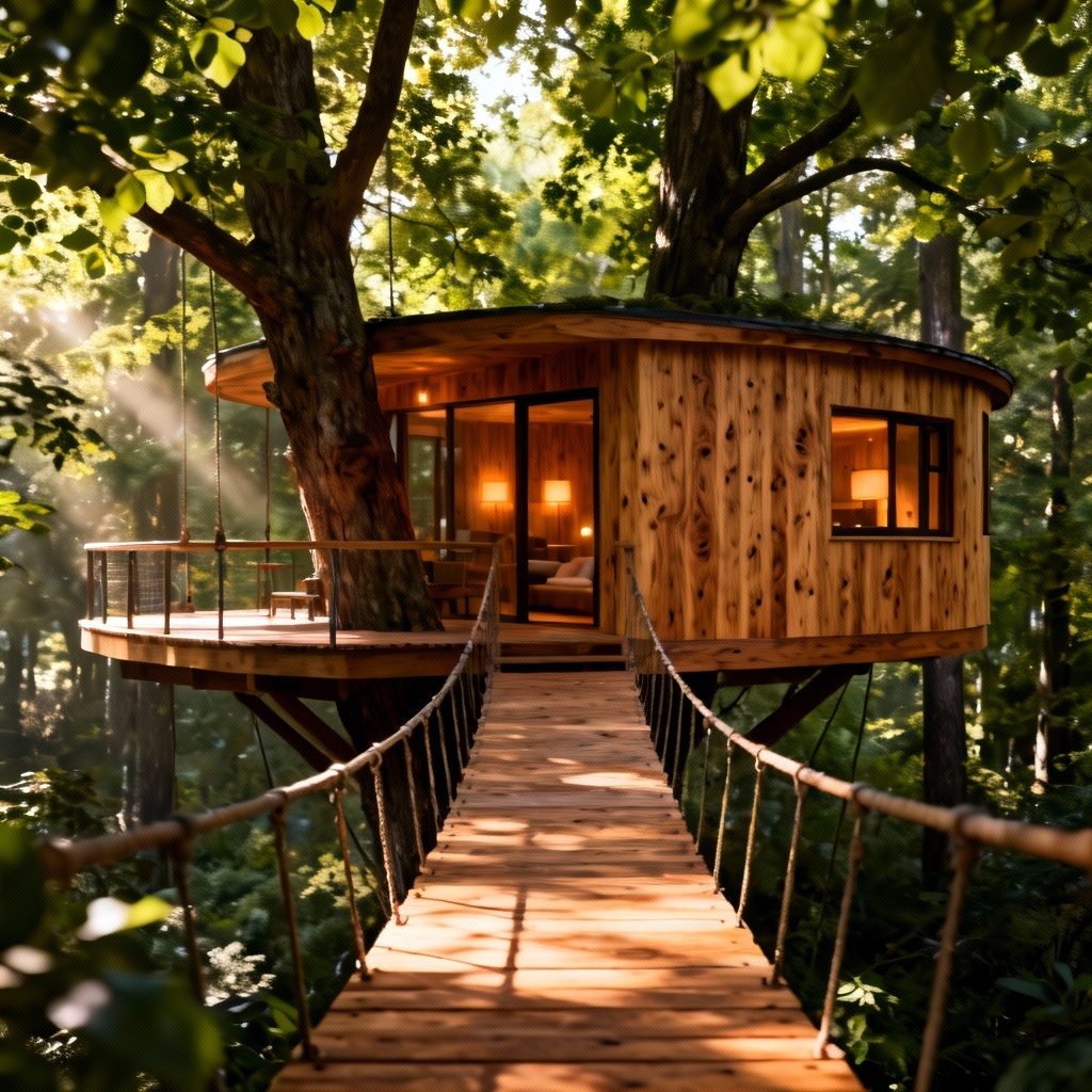 AI wooden treehouse with elevated walkway in forest