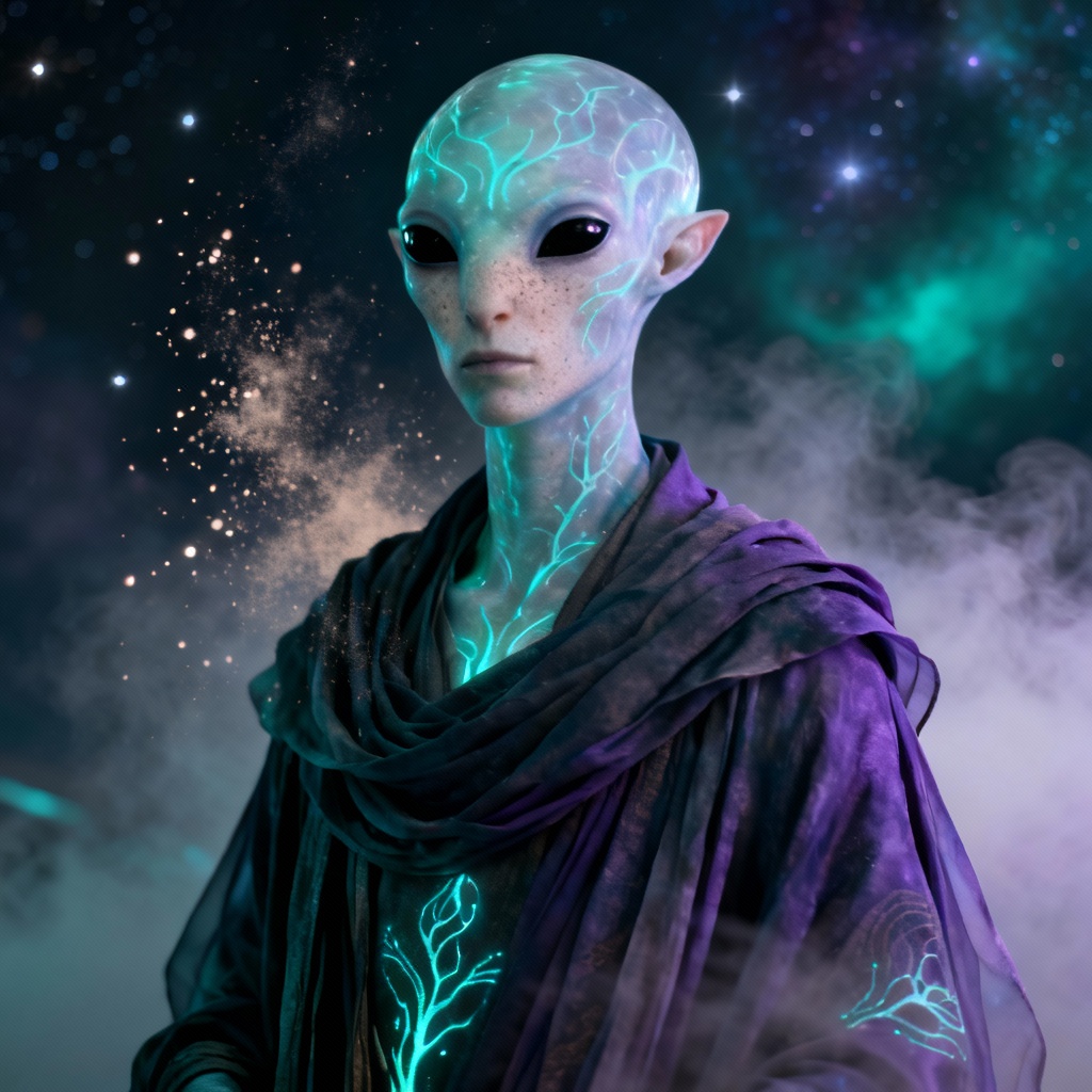AI-generated alien portrait with bioluminescent features