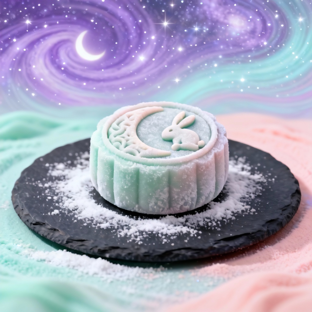 Snowskin galaxy mooncake with moon and rabbit stamp
