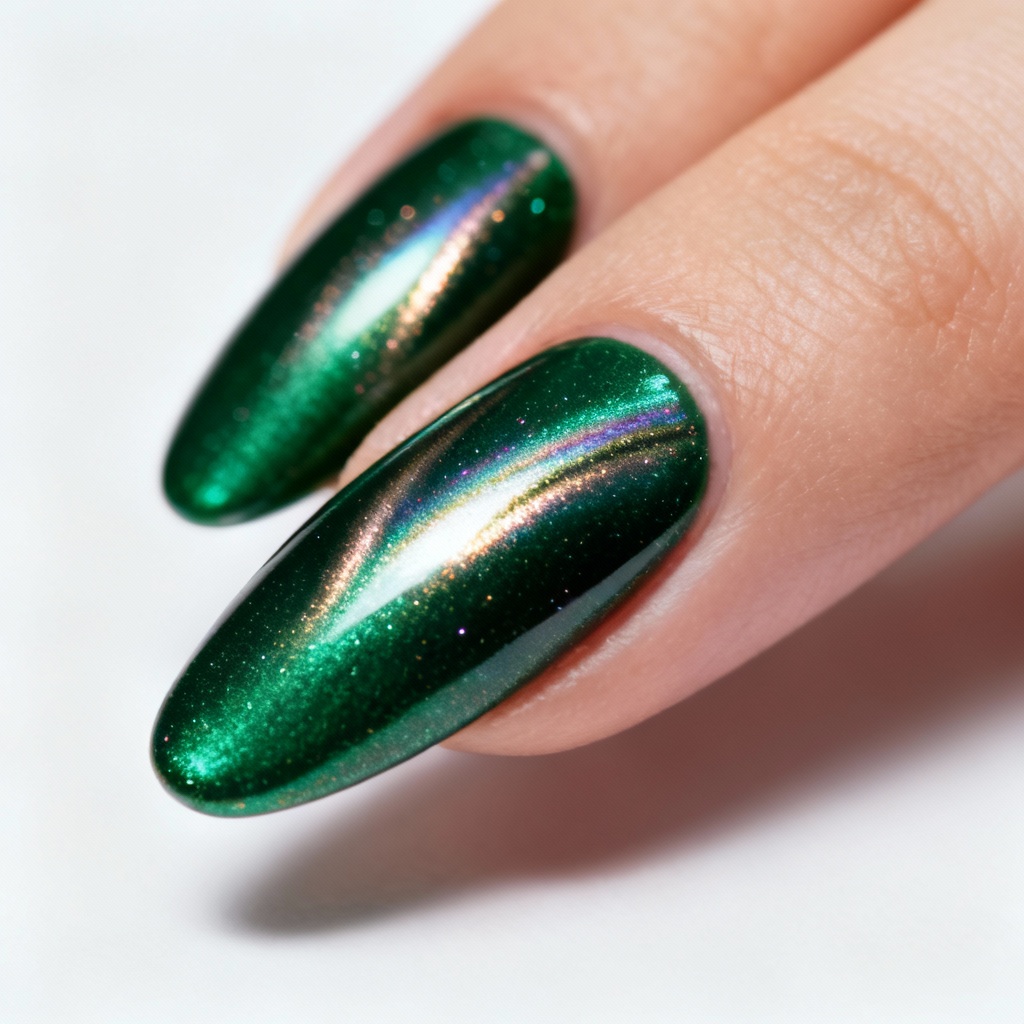AI emerald cat eye chrome almond nails