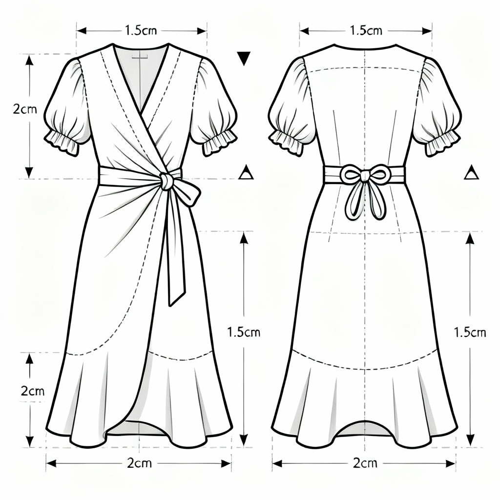 AI wrap dress sewing pattern with tie belt and flared skirt