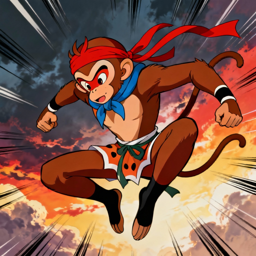 Anime monkey hero with headband and dynamic pose