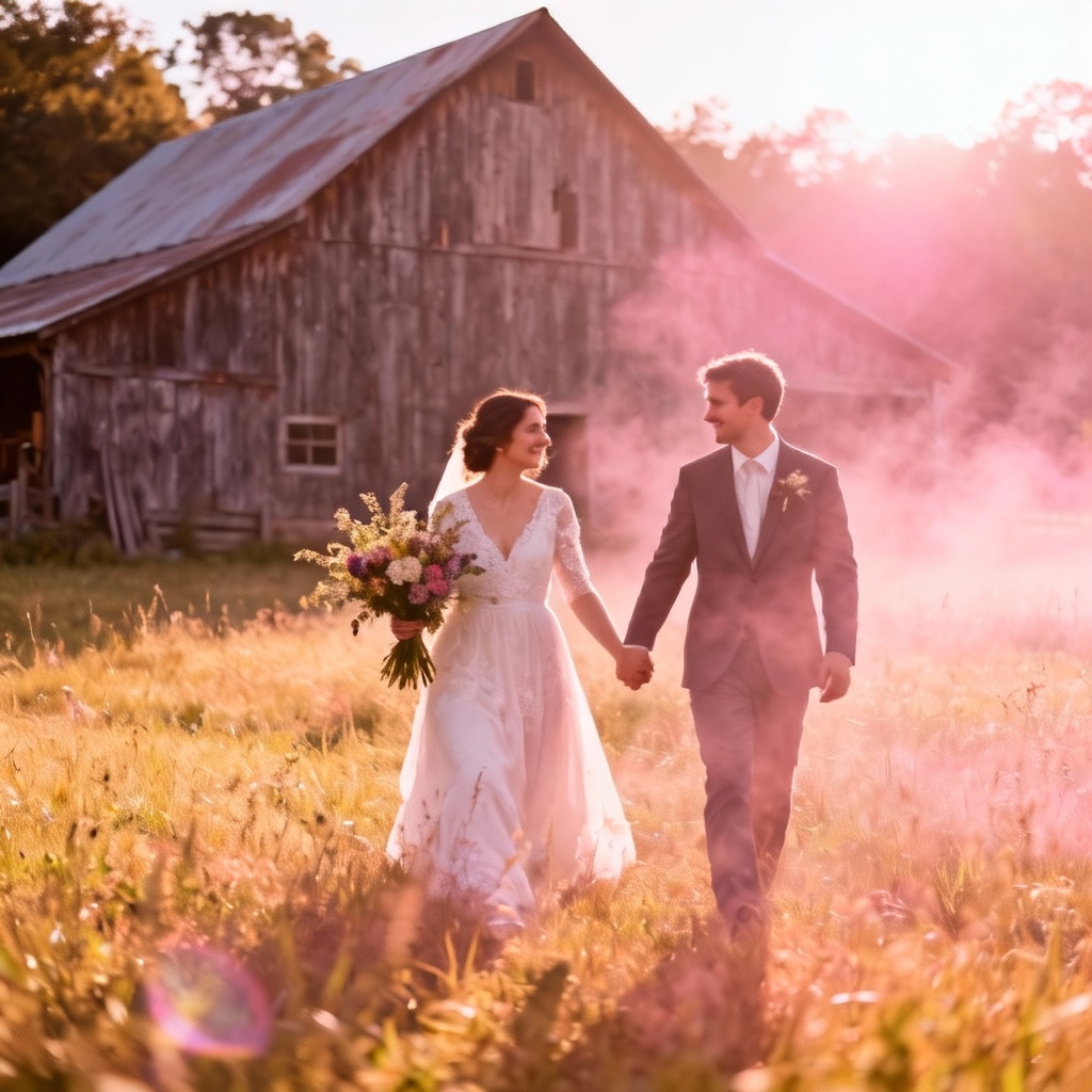 AI rustic barn married couple at golden hour