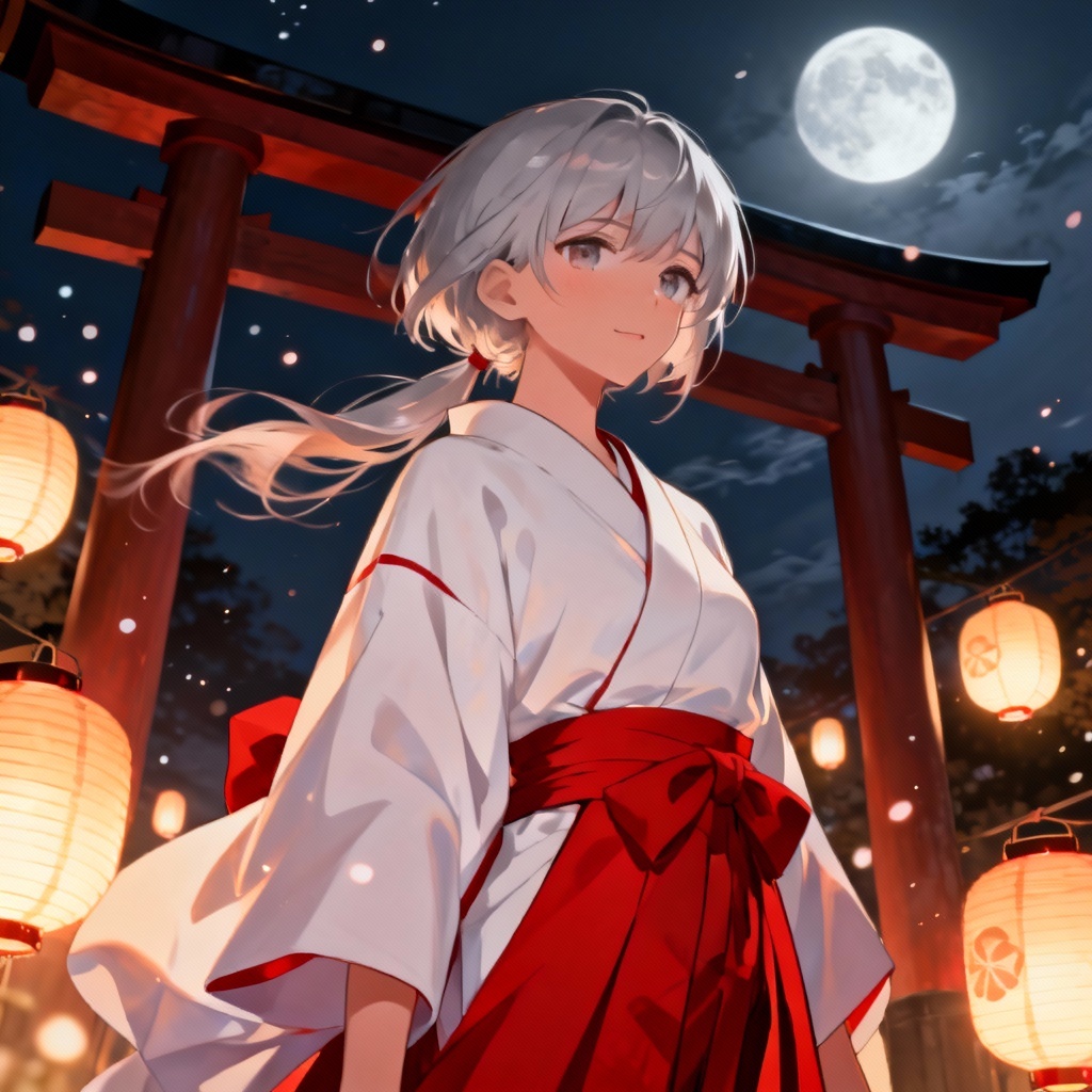 AI moonlit shrine maiden kimono portrait