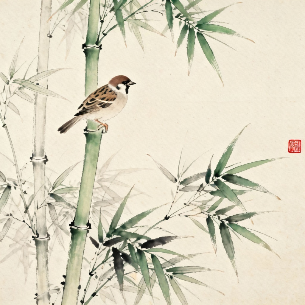 AI gongbi bamboo and sparrow with mineral pigments