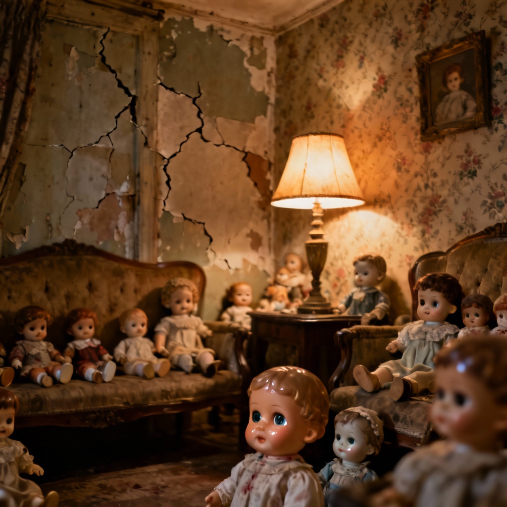 AI creepy porcelain doll room with vintage film grain
