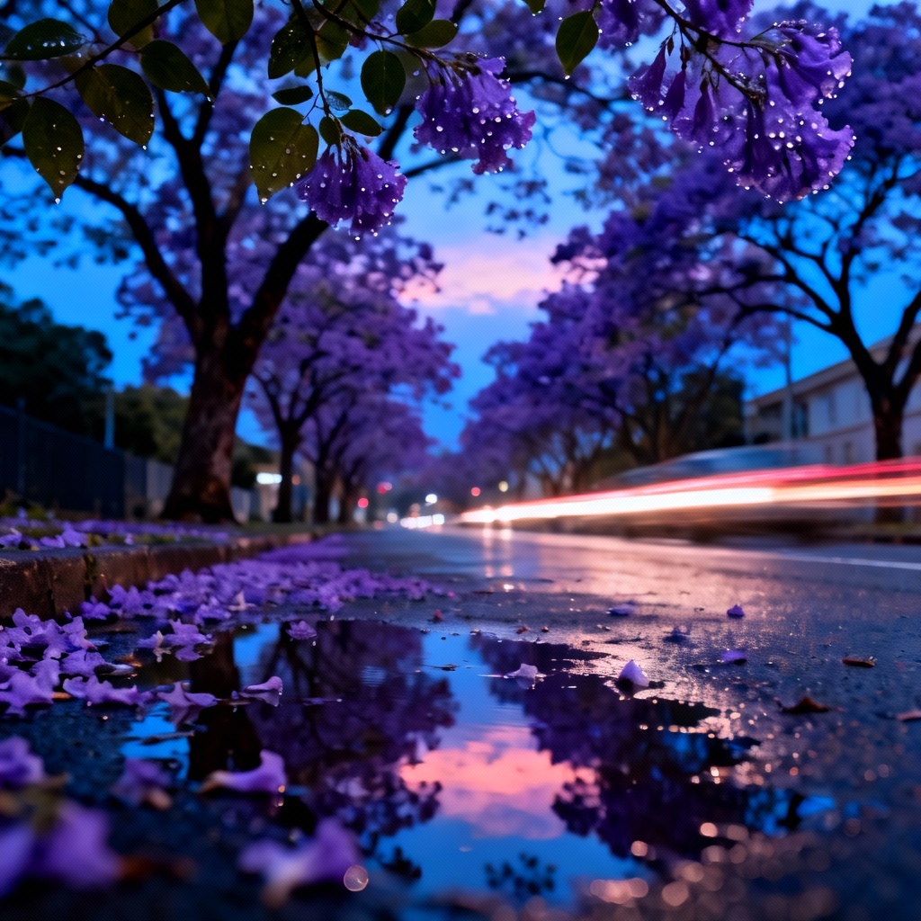 AI jacaranda-lined street with wet reflections