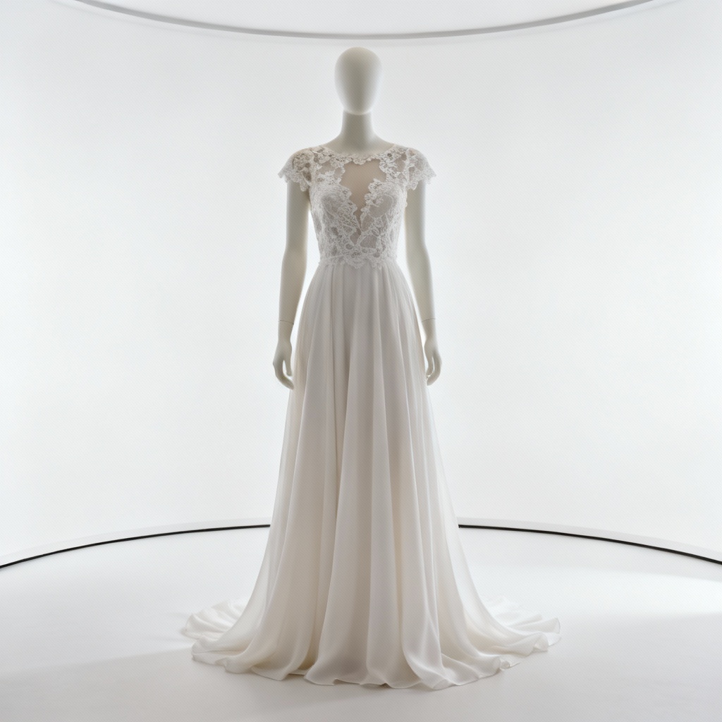 AI bridal gown design on mannequin in studio lighting