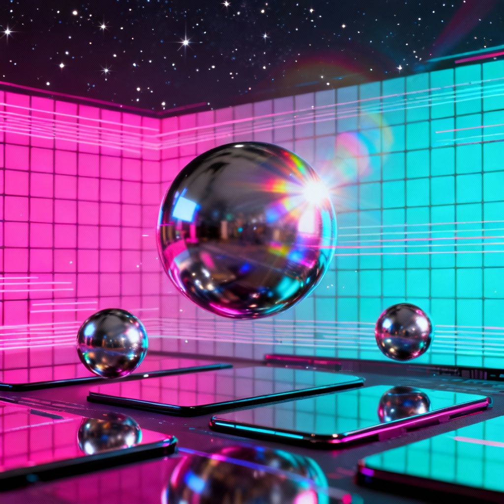 Cyber Y2K wallpaper with neon grid and metallic orbs