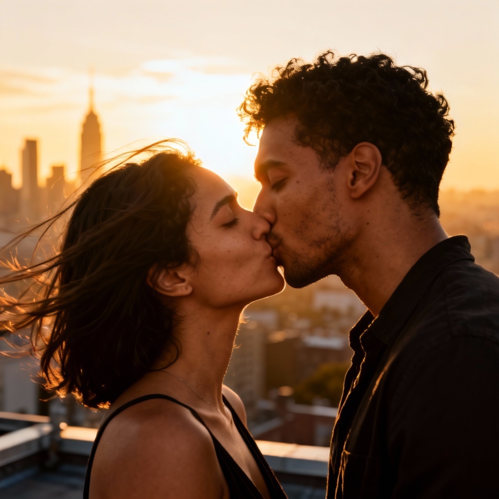 AI romantic rooftop sunset kiss image